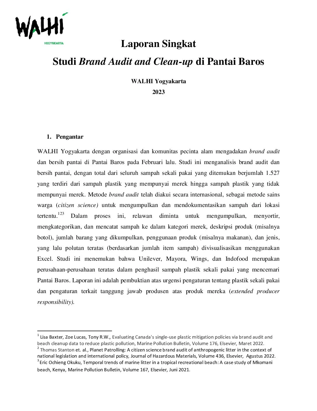 Cover Laporan Singkat Studi Brand Audit and Clean Up WALHI Yogyakarta